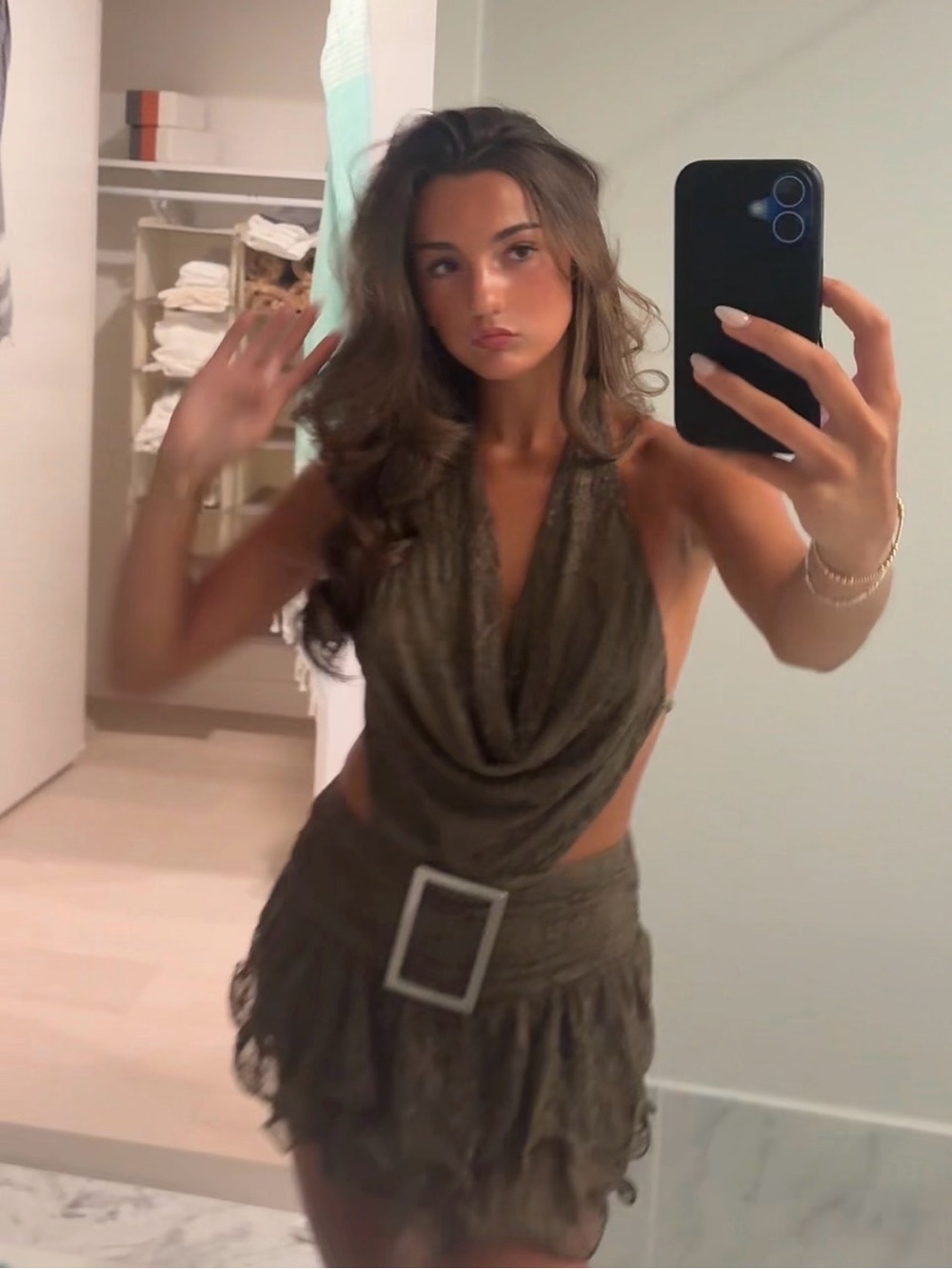 Olive Draped Halter Mini Dress with Belt Accent